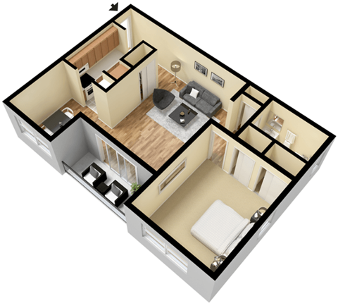 Floor plan for 1 bed, 1 bath, 750 sqft